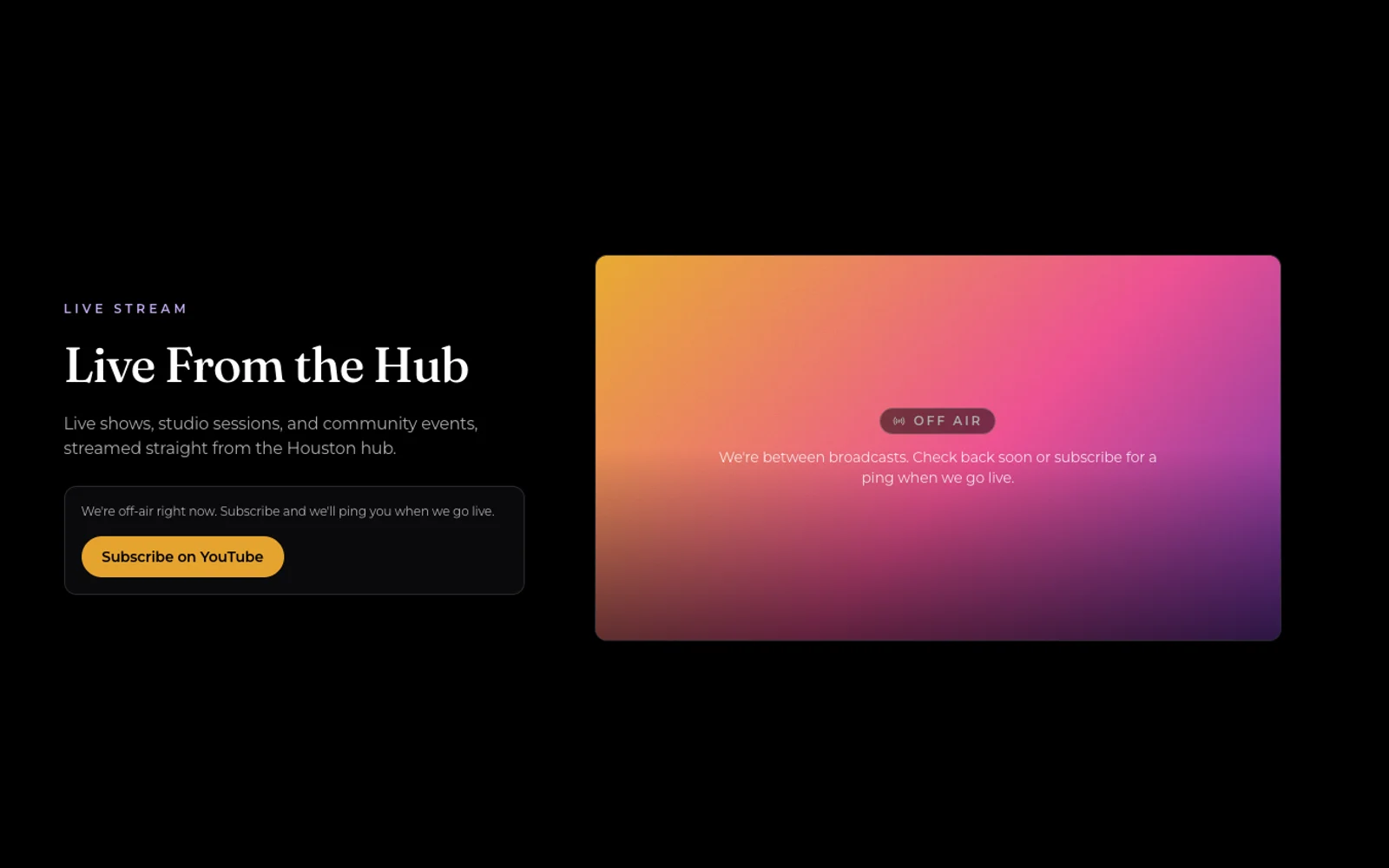 The Live From the Hub section of the Creatopia site in its off-air state.