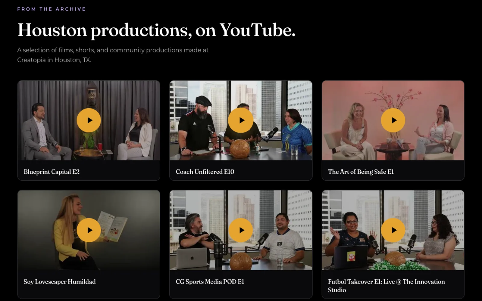 A grid of past Creatopia productions pulled from their YouTube catalog.