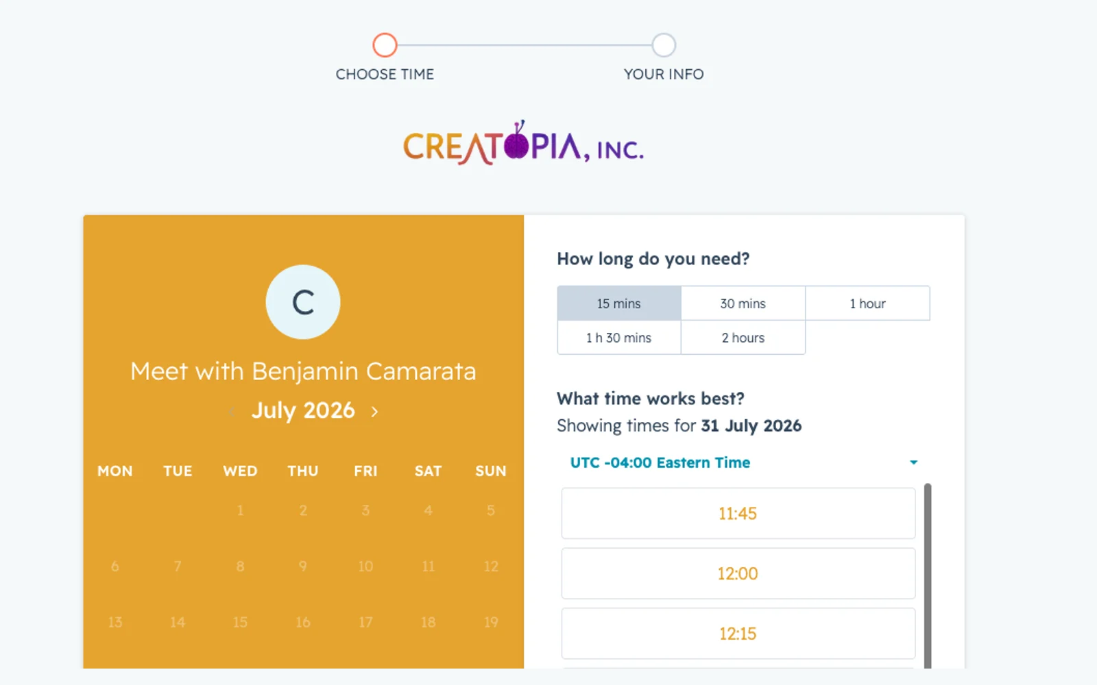 The Creatopia studio booking flow, showing a calendar, session lengths, and available time slots.